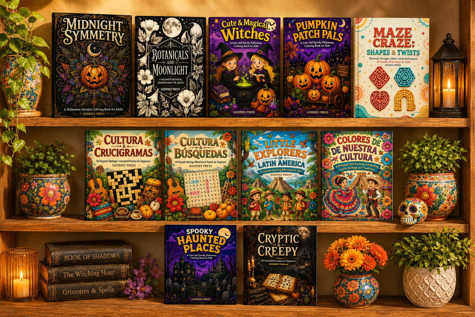 A colorful bookshelf displaying the Goodies Press coloring and activity book collection